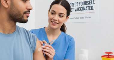 Demonstration of administering flu vaccine shot in a clinic