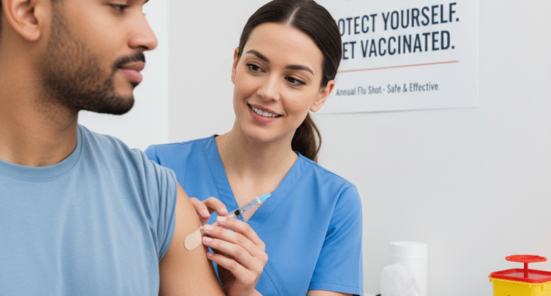 Demonstration of administering flu vaccine shot in a clinic